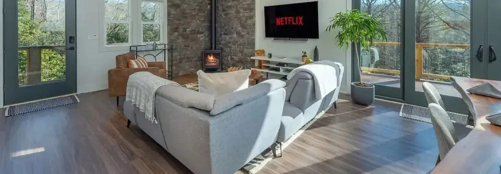 Modern Forest Retreat Sauna Fireplace Views