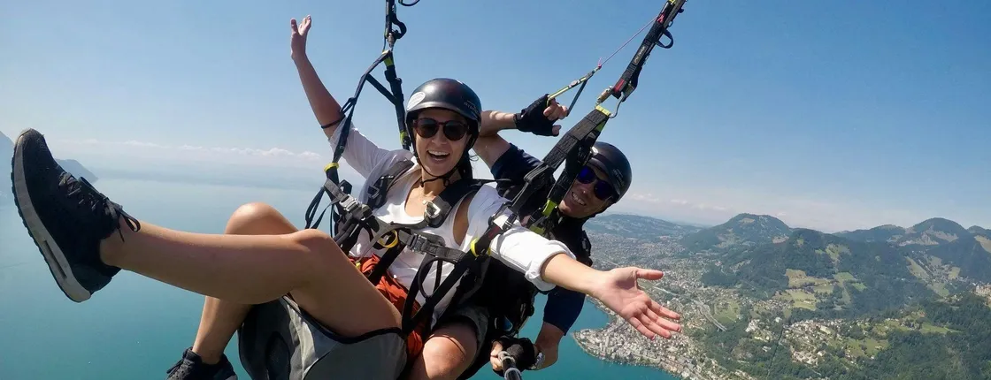 Tandem paragliding adventure over Lake Geneva in Montreux