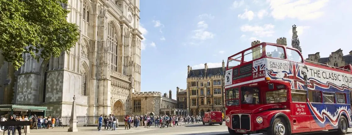 Vintage open-top bus tour with live guide in London