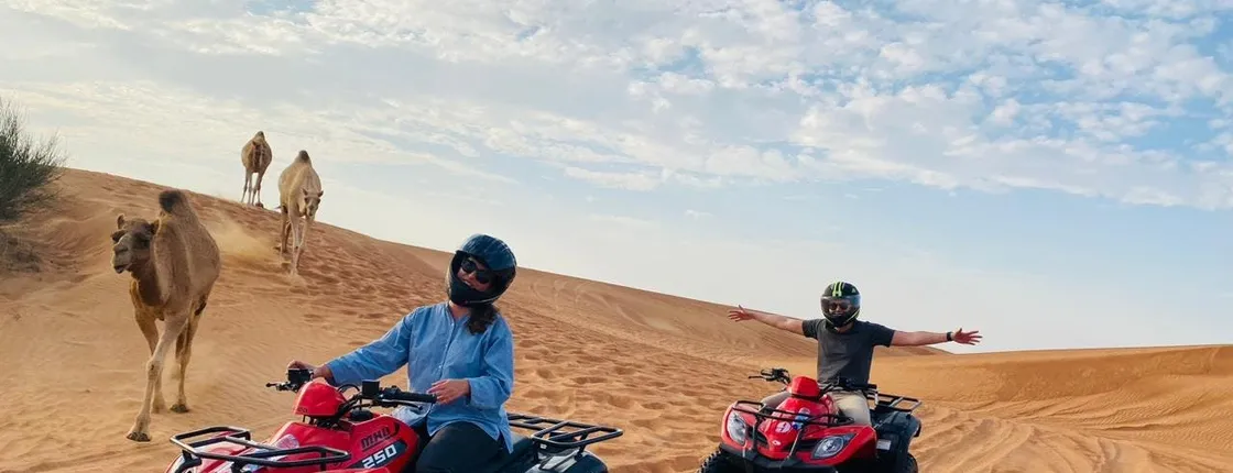 Double quad ride in Dubai Desert with sandboarding, camel ride and BBQ