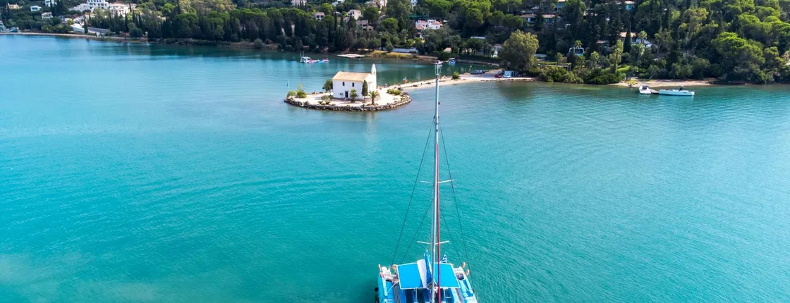 Corfu adults-only catamaran cruise with Greek lunch and drinks
