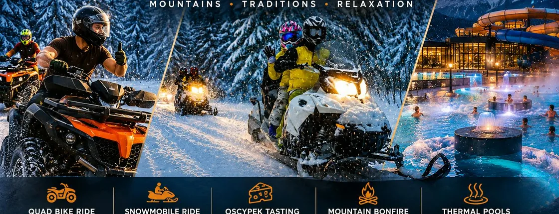Snowmobile or quad ride and thermal pools day trip from Kraków