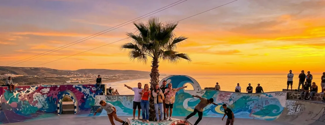 Surfer Vibes and Skate Park Sunset at Taghazout Village
