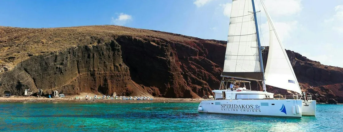 Santorini luxurious morning catamaran cruise with barbecue and drinks
