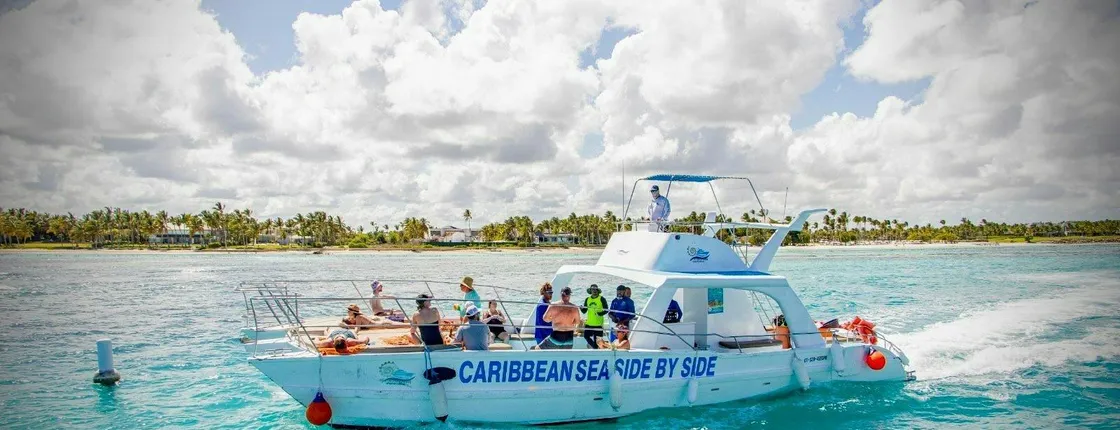 Double-deck catamaran cruise at sunset from Punta Cana