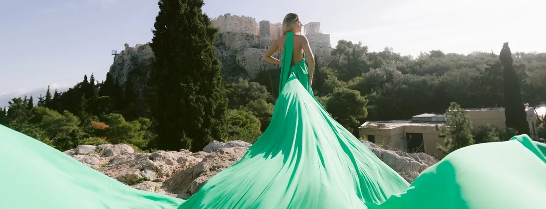 Athens flying dress photoshoot with a professional photographer