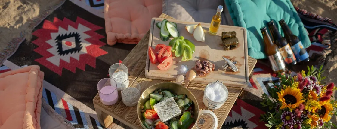 Greek meze picnic on a Mykonos beach